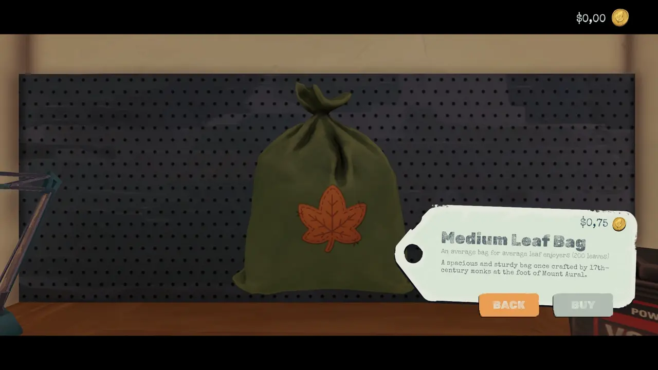 Medium Leaf Bag on the shed back wall priced 0.75 dollars capacity 200 leaves