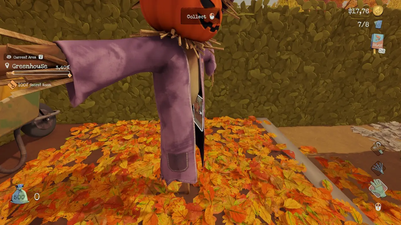 Photo 8 inside the scarecrow coat at the greenhouse entrance from the maze