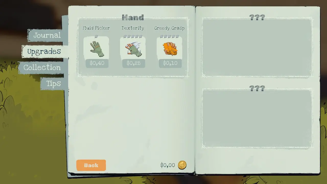 Upgrades tab in the book showing Hand Rake and Leaf Blower upgrade trees