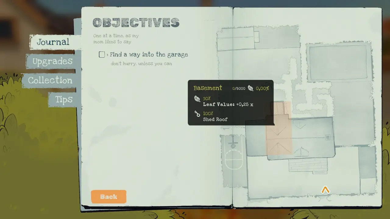 Basement progress card showing plus 0.25x leaf value and roof unlock at 100 percent