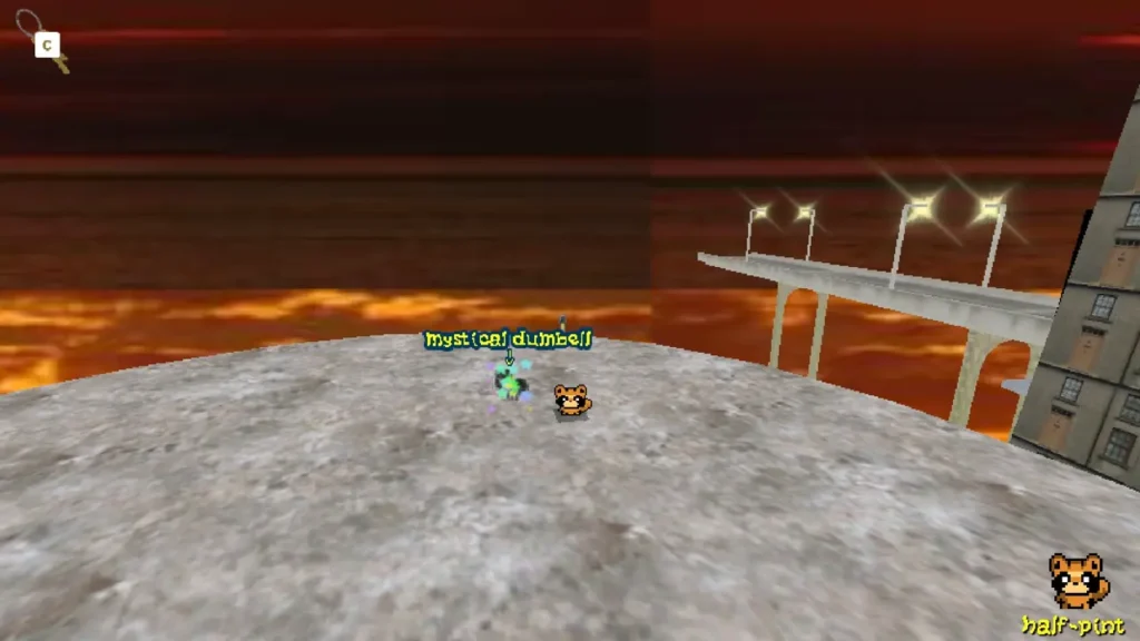 Third dumbbell at the top of the hollow building.