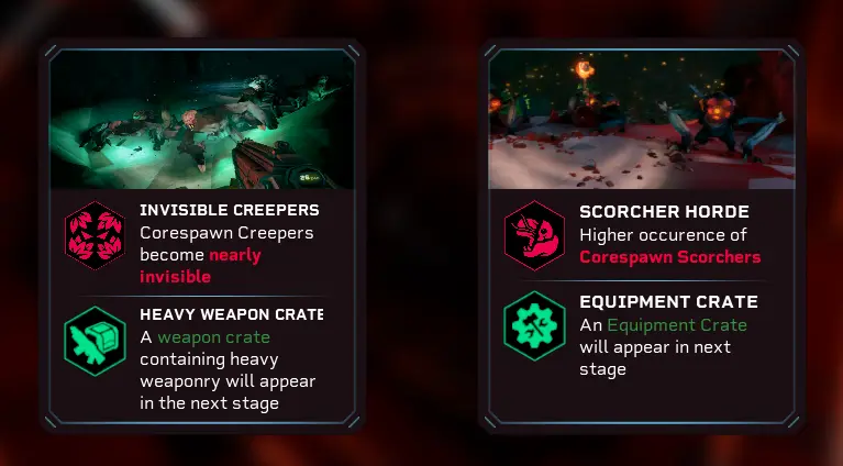 Deep Rock Galactic Rogue Core between floors choice screen with hazard and boon options.