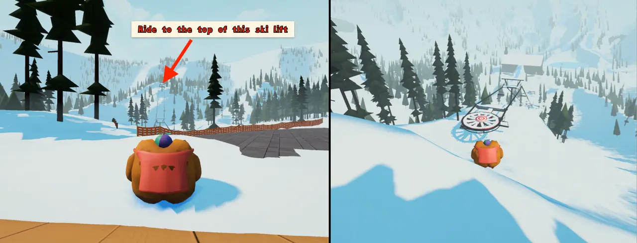 Sledding Game Tiny Frog Hat target route from the lodge