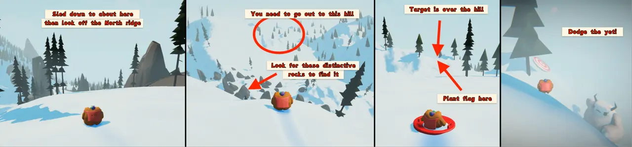 Sledding Game Tiny Frog Hat north ridge target route