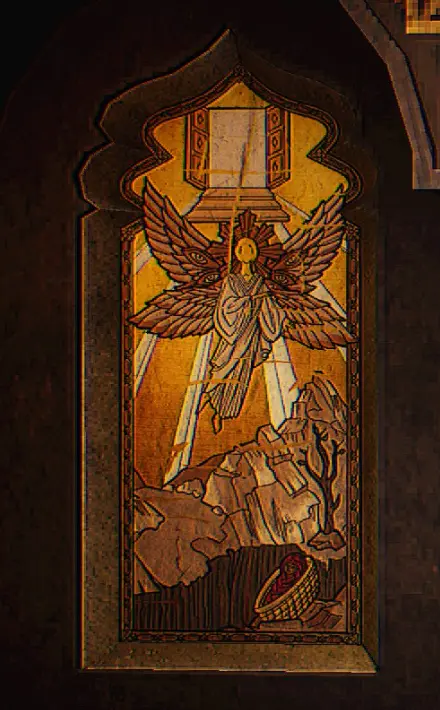 Correct portrait showing an angel descending with one witness wrapped in cloth