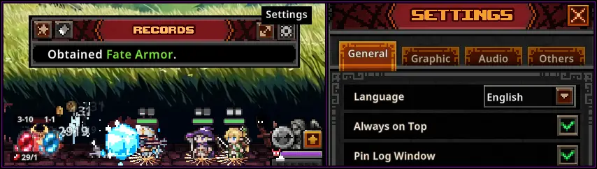 Game UI showing log window settings and interface customization options in Task Bar Hero