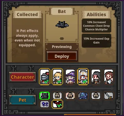 Pets system showing unlockable companions in Task Bar Hero