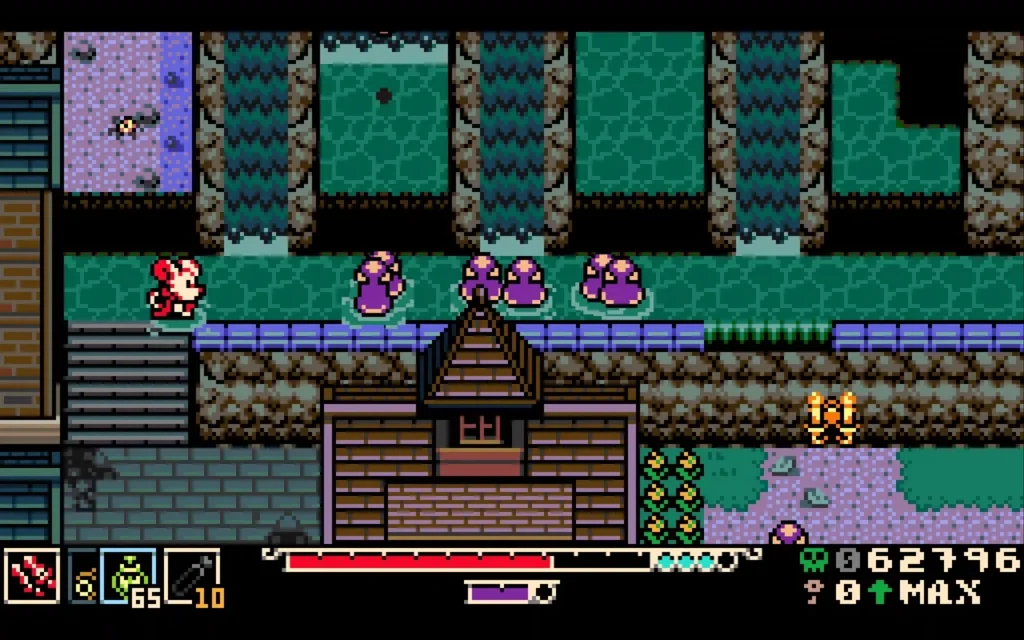 Kill an enemy across 8 tiles of water using the Hollower's Rocks.