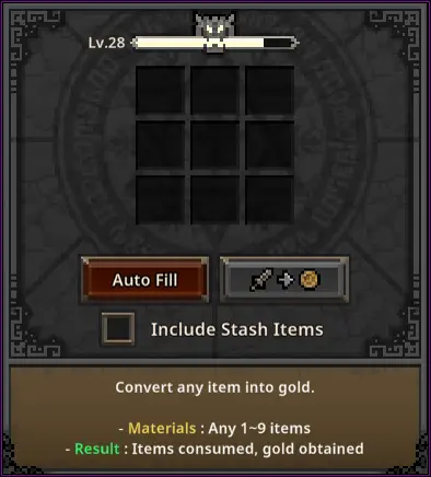 Alchemy feature converting items into gold in Task Bar Hero cube system