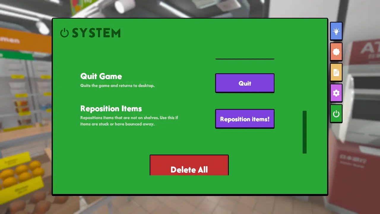 Supermarket Chaos menu option to reposition lost or stuck items