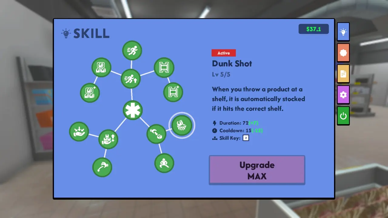Supermarket Chaos Dunk Shot skill automatically stocking products on the correct shelf