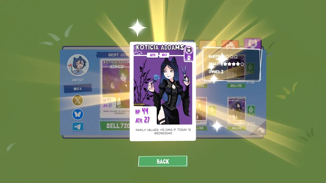 KOTAMON Game Koticia Addams card guide screenshot 2