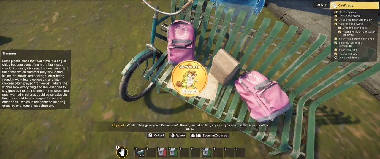 Slammer collectible on the green swing seat in Child's Play