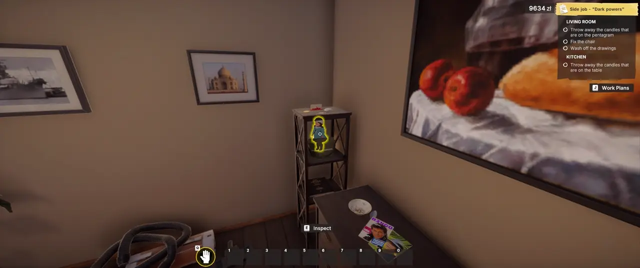 Porcelain doll hidden behind the bag on the metal shelf