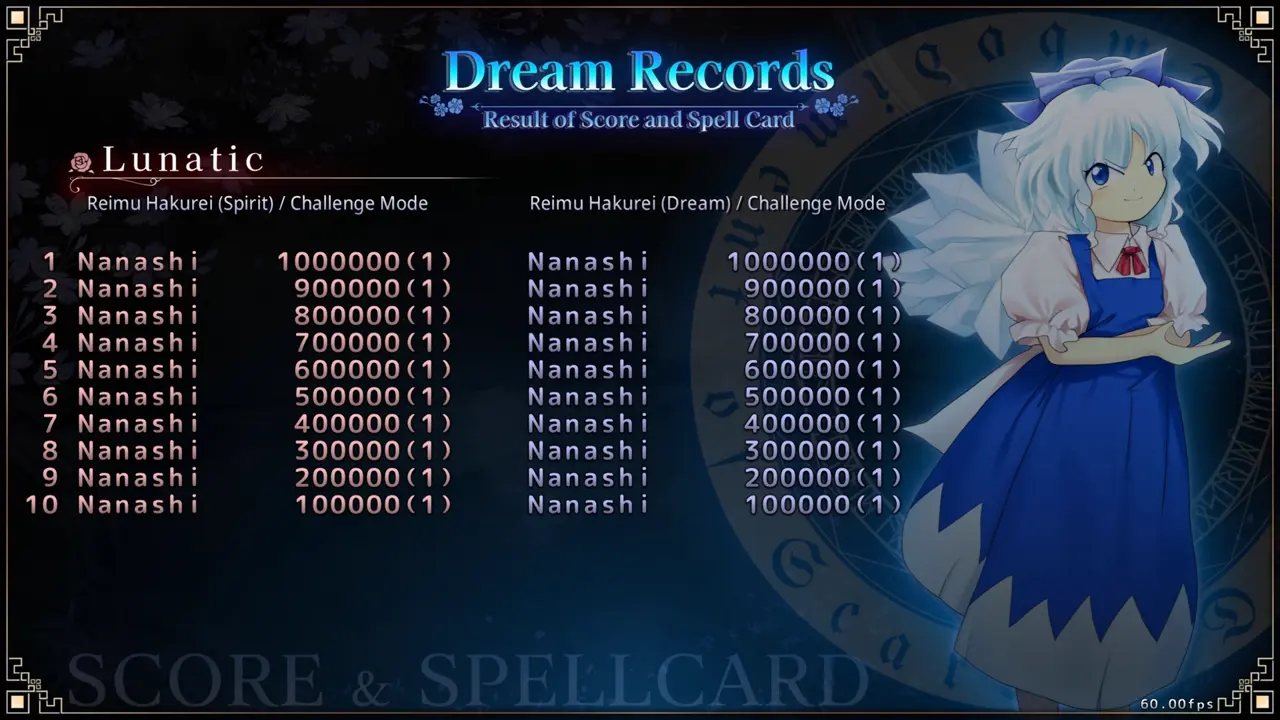 Touhou Koumakyou New Classic Lunatic records screen for entering the classiclager cheat code