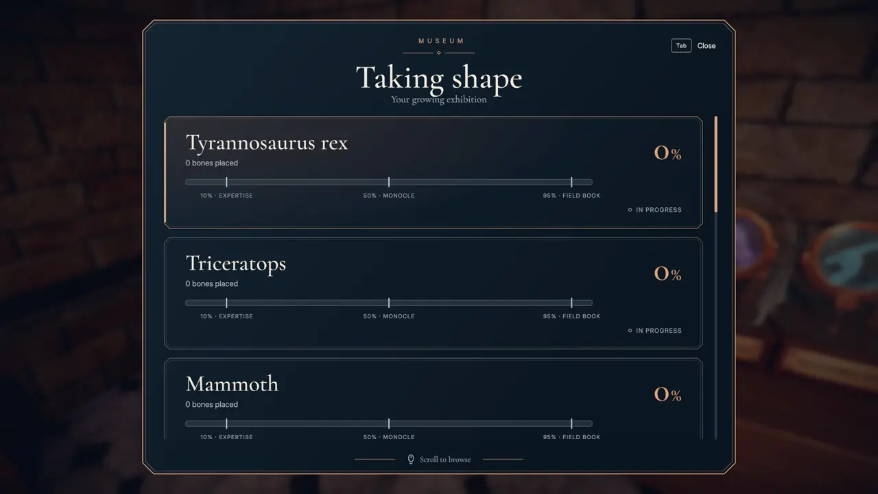 DinoBones dinosaur skeleton progress screen