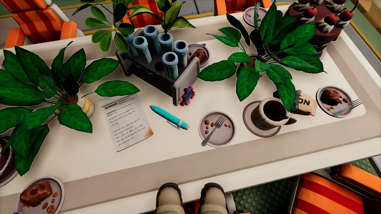 We Were Here Tomorrow puzzle piece 4 on the Common Room dining table next to test tubes and a notepad