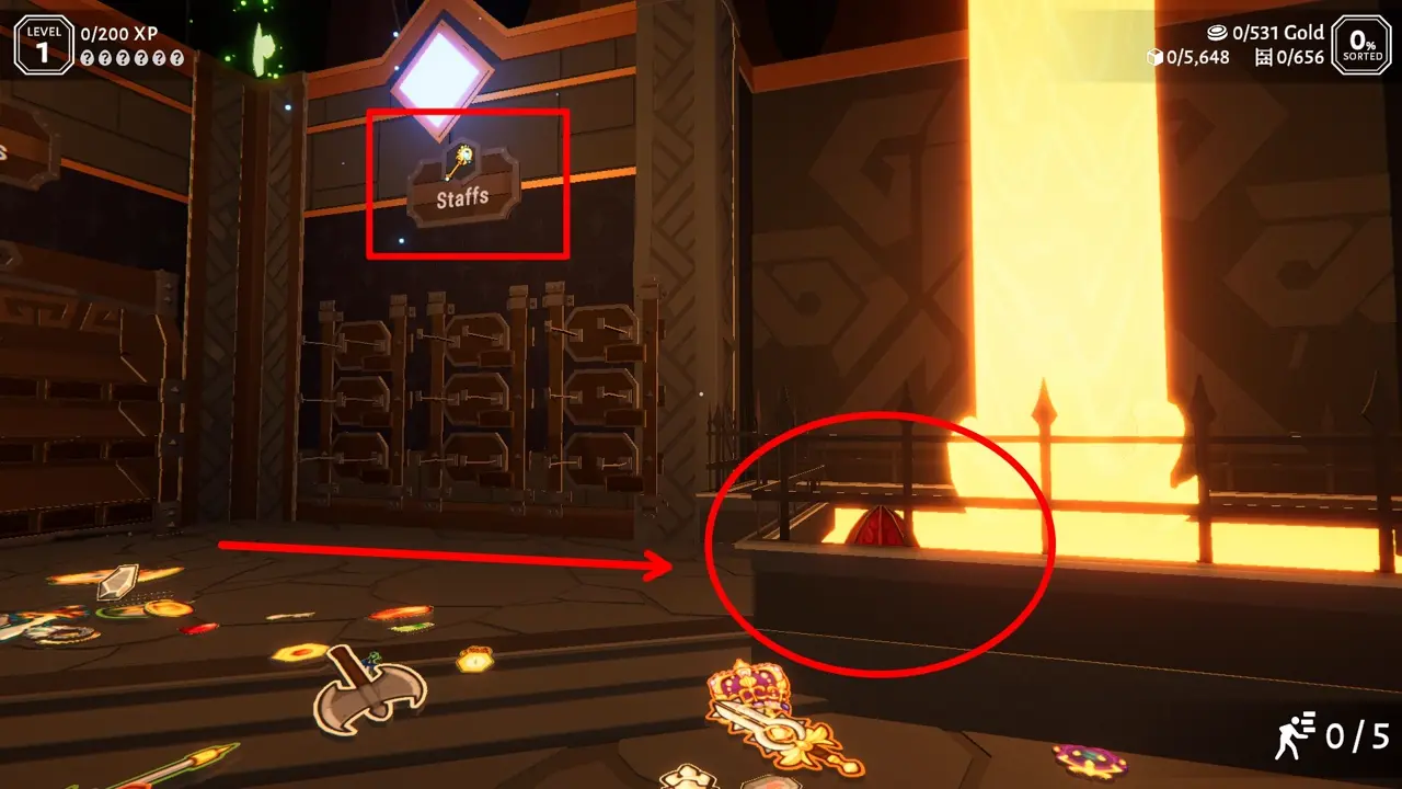 Red Egg inside the lava fountain next to the Staffs aisle in Folded Fables Tidy Up The Dragon Hoard