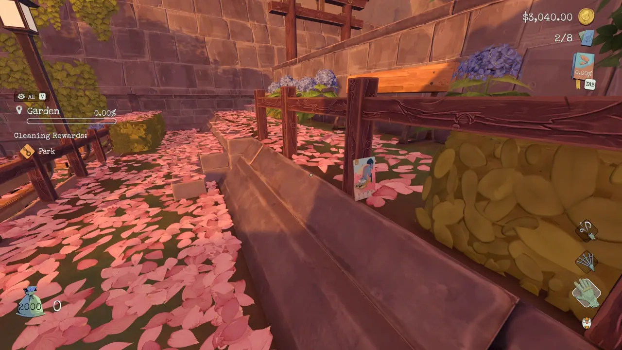 Leaf it Alone Sakura card 1 on the wooden railing beside the Garden steps